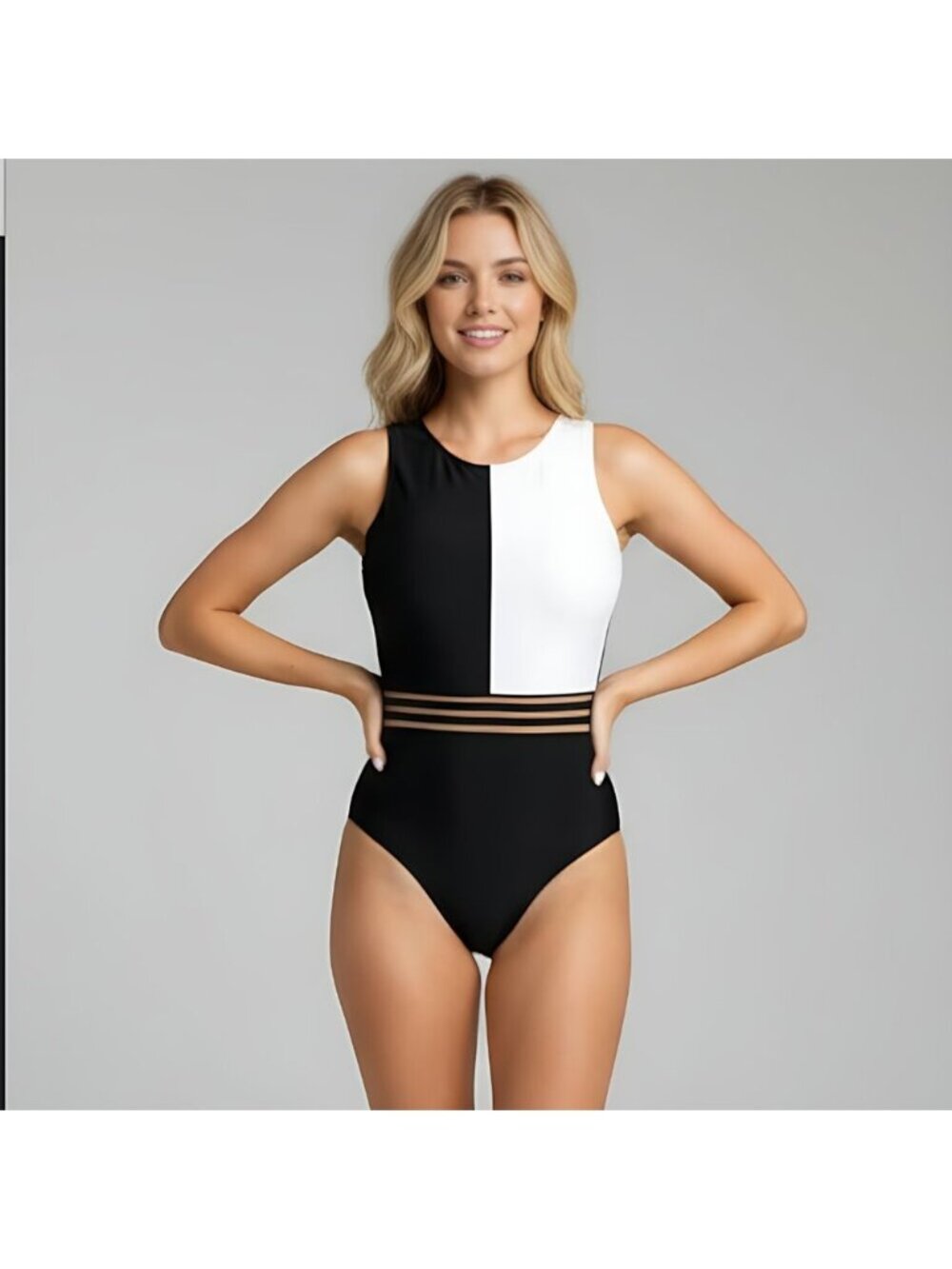 Two Tone Mesh Zip Back One Piece Swimsuit Bathing Suit Black/White